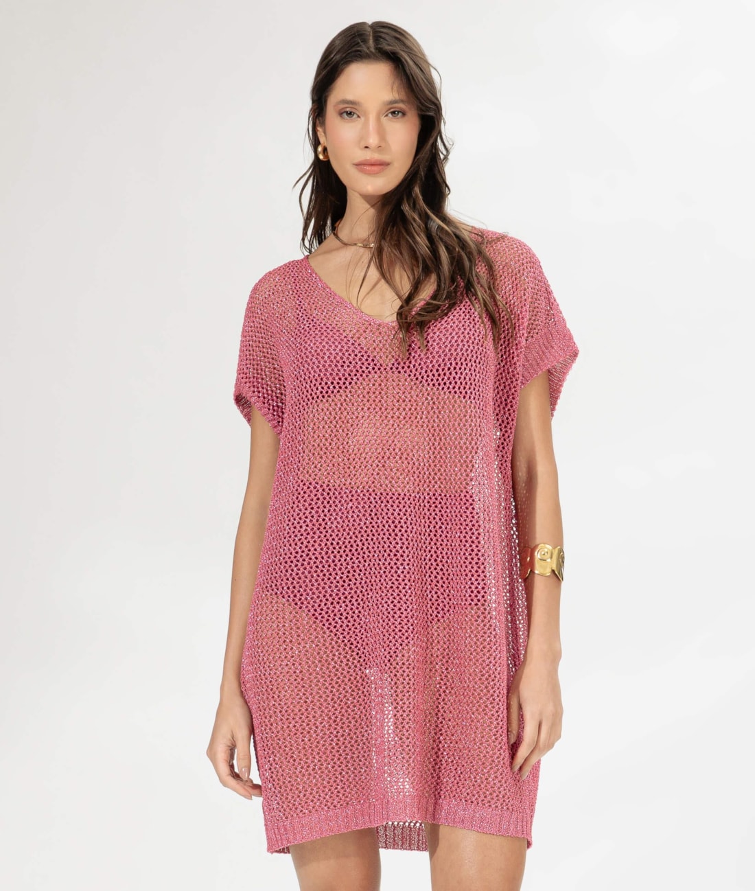 Vestido Curto Com Manga Tricot Lurex Rosa