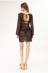 Vestido Curto Com Manga Tricot Paete Cafe