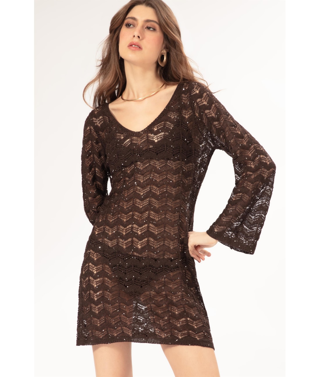 Vestido Curto Com Manga Tricot Paete Cafe