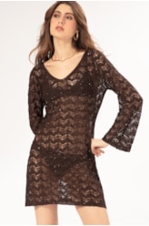 Vestido Curto Com Manga Tricot Paete Cafe