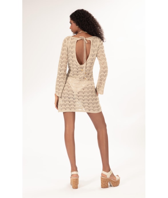 Vestido Curto Com Manga Tricot Paete Natural