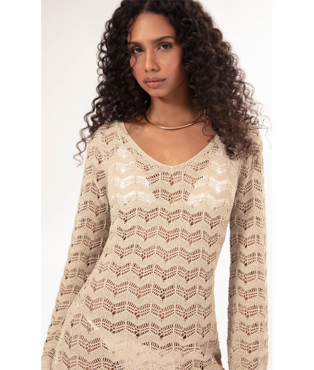 Vestido Curto Com Manga Tricot Paete Natural