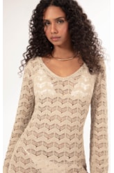 Vestido Curto Com Manga Tricot Paete Natural