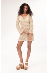 Vestido Curto Com Manga Tricot Paete Natural