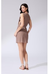 Vestido Curto Torção Tule Liso Marrom