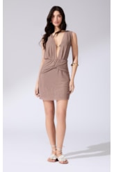 Vestido Curto Torção Tule Liso Marrom