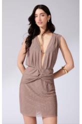 Vestido Curto Torção Tule Liso Marrom