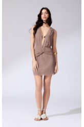 Vestido Curto Torção Tule Liso Marrom