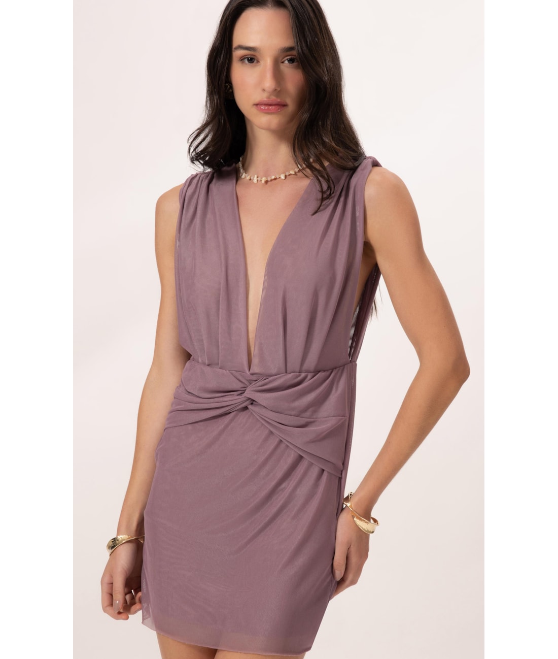 Vestido Curto Torção Tule Liso Old Purple