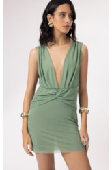 Vestido Curto Torção Tule Liso Verde Oliva
