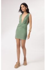 Vestido Curto Torção Tule Liso Verde Oliva