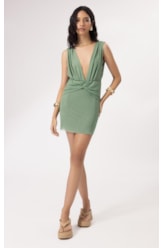 Vestido Curto Torção Tule Liso Verde Oliva