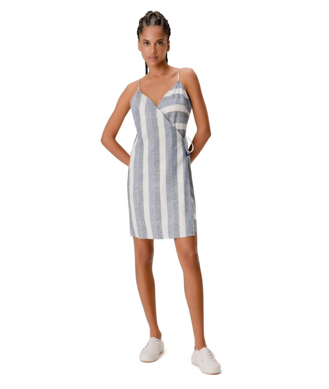 Vestido Curto Transpassado Visco Stripes Azul Jeans