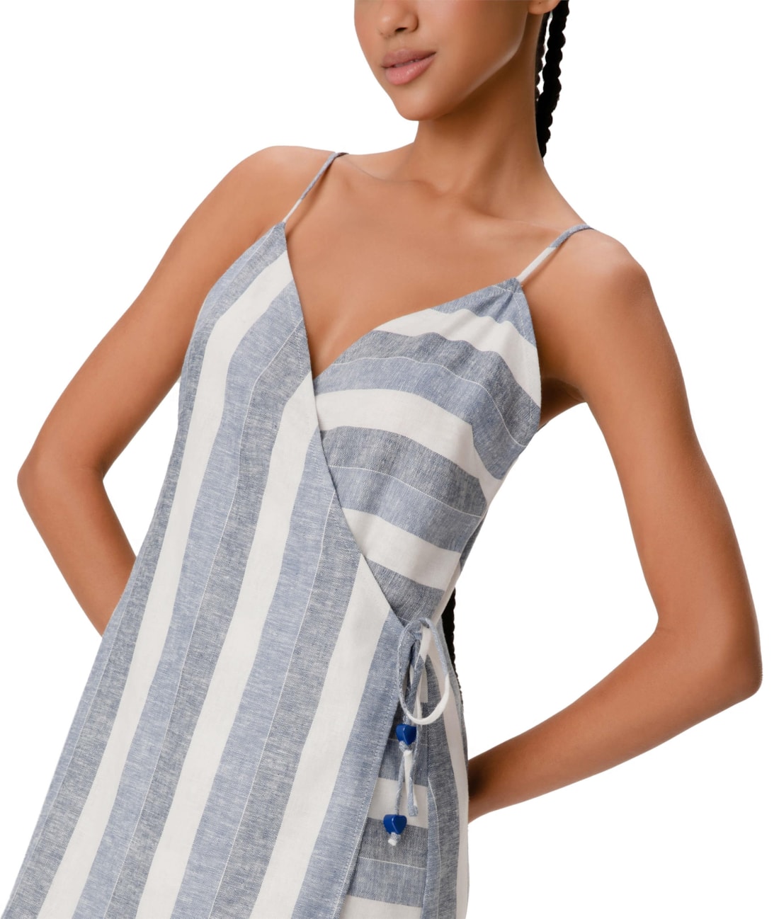 Vestido Curto Transpassado Visco Stripes Azul Jeans