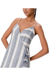 Vestido Curto Transpassado Visco Stripes Azul Jeans