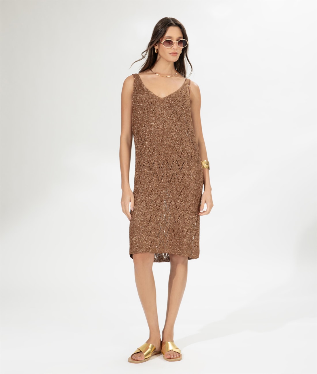Vestido Curto Tricot Lurex Caramelo