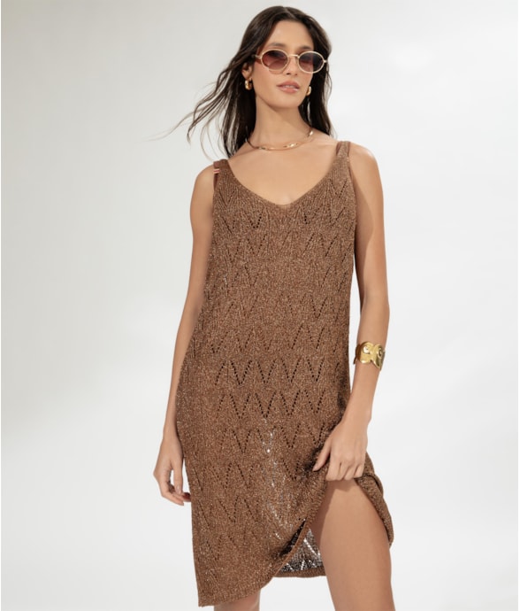 Vestido Curto Tricot Lurex Caramelo