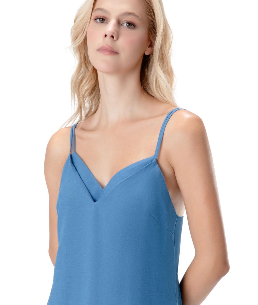 Vestido Curto Visco Linho Azul Pervante