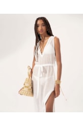 Vestido Decote v Malha Crochet Branco