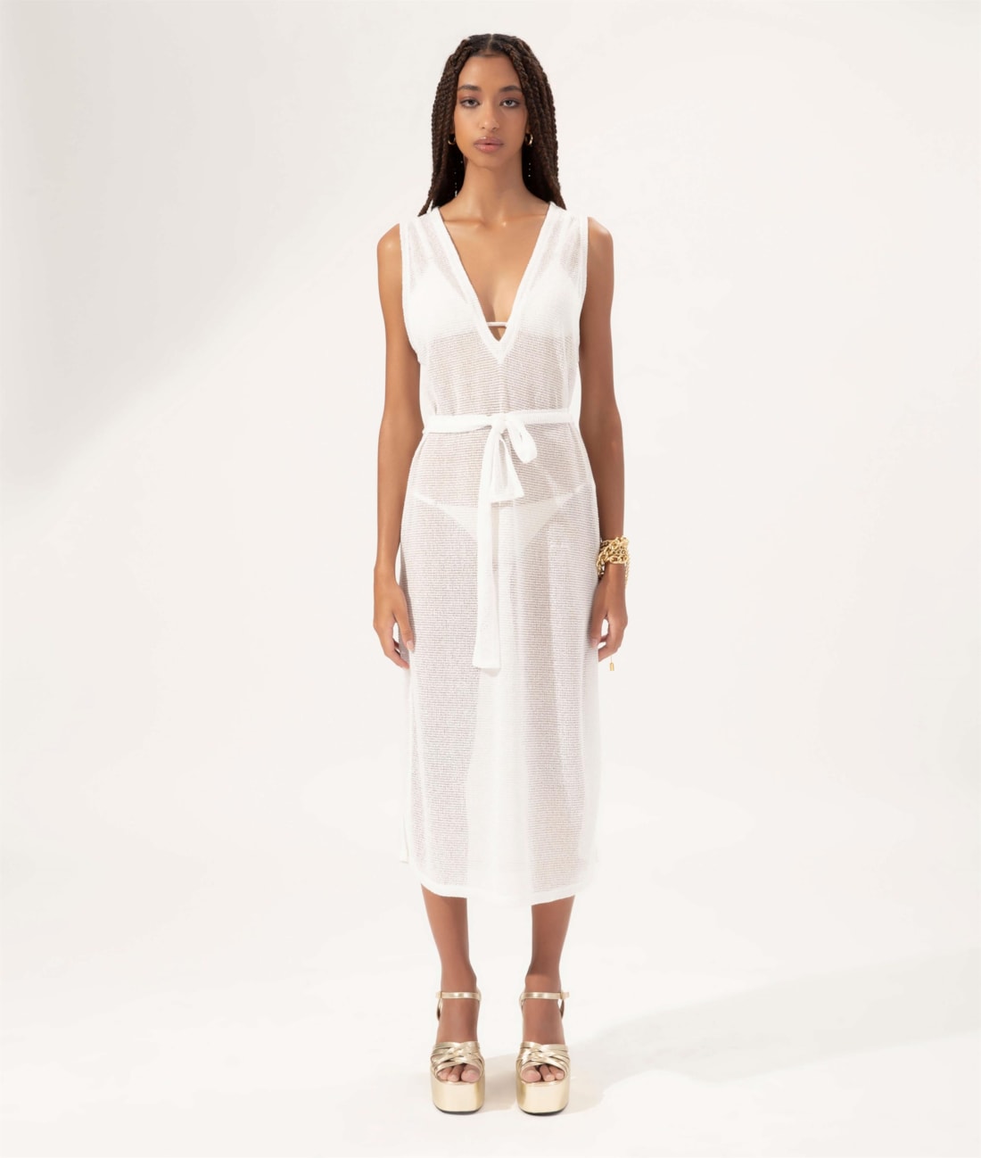 Vestido Decote v Malha Crochet Branco