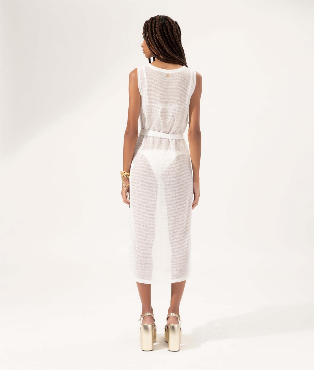 Vestido Decote v Malha Crochet Branco