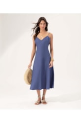 Vestido Evasê Linho Blend Azul Bic