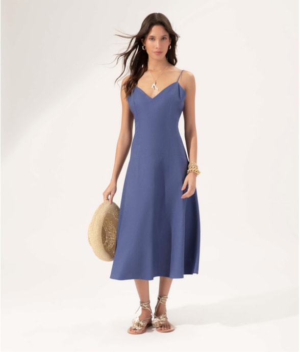 Vestido Evasê Linho Blend Azul Bic