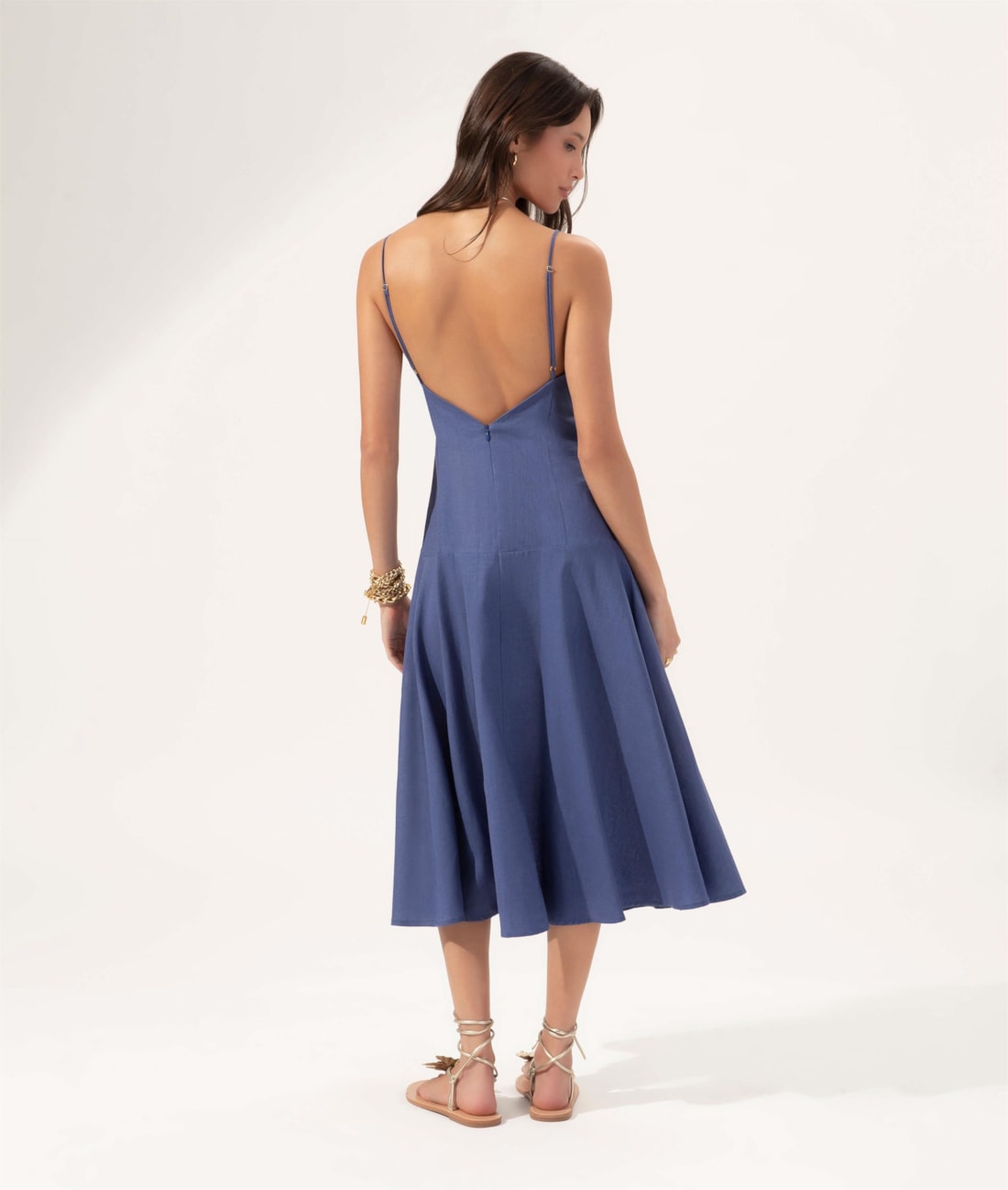 Vestido Evasê Linho Blend Azul Bic