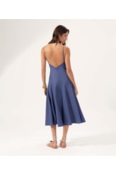 Vestido Evasê Linho Blend Azul Bic