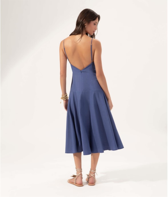 Vestido Evasê Linho Blend Azul Bic