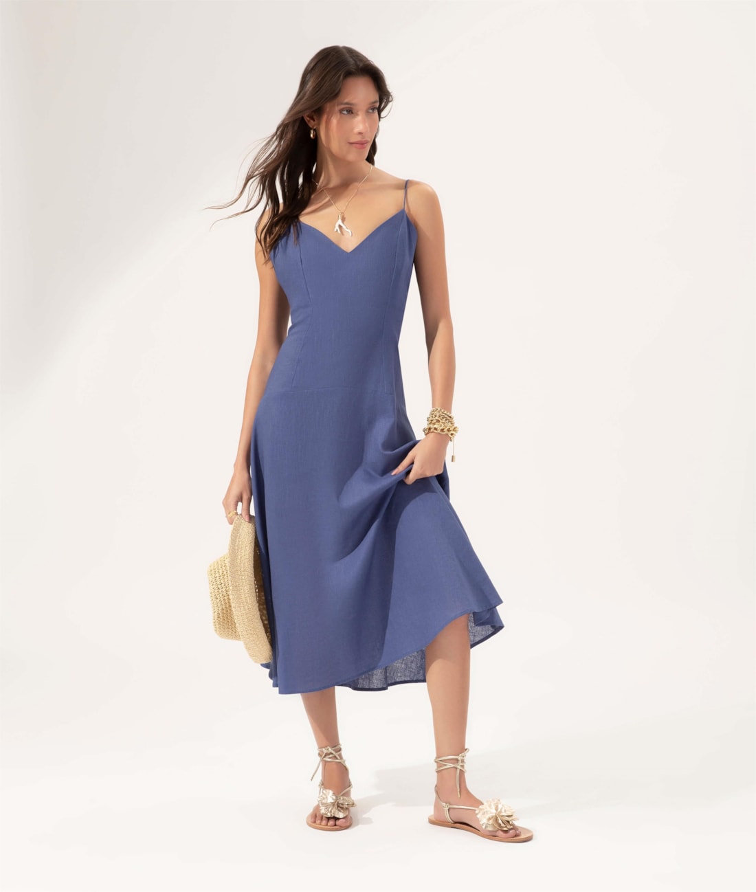 Vestido Evasê Linho Blend Azul Bic