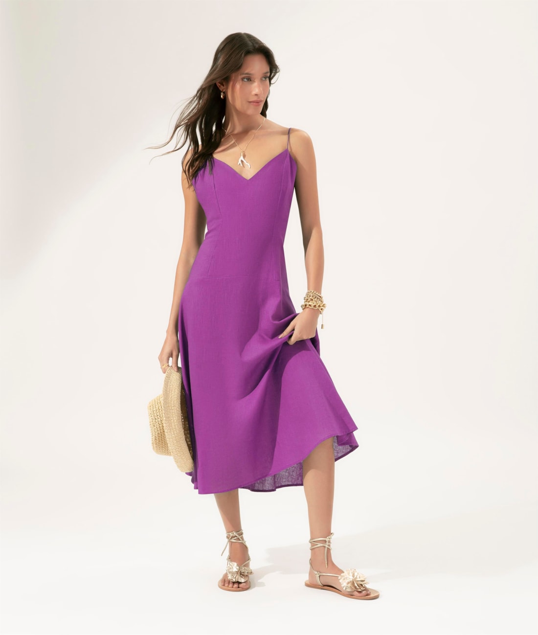 Vestido Evasê Linho Blend Magenta