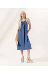 Vestido Frente Única Linen Blend Azul Seco