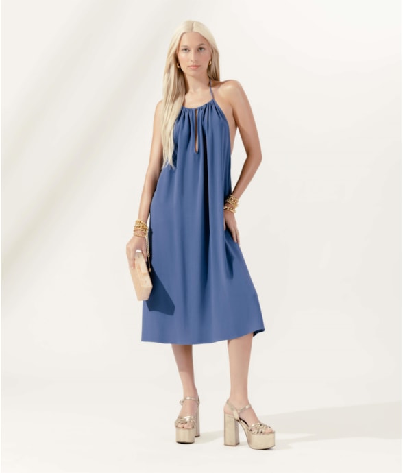 Vestido Frente Única Linen Blend Azul Seco