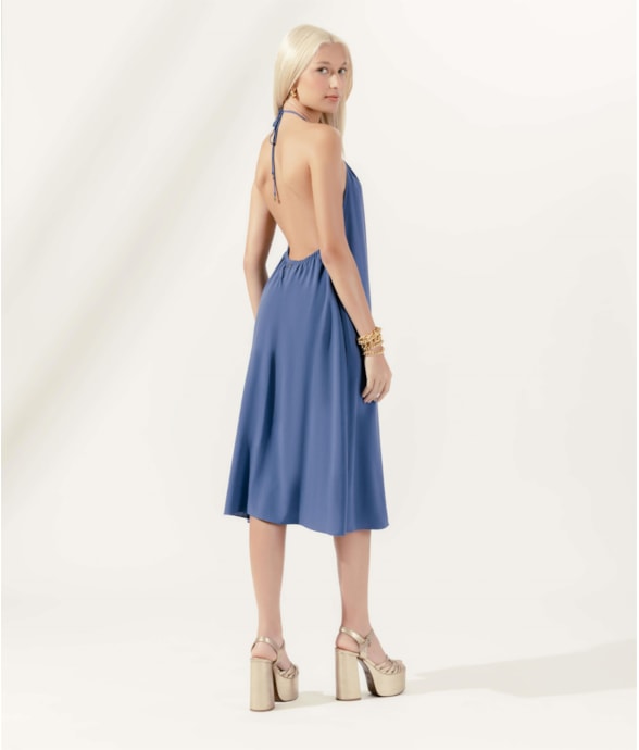Vestido Frente Única Linen Blend Azul Seco