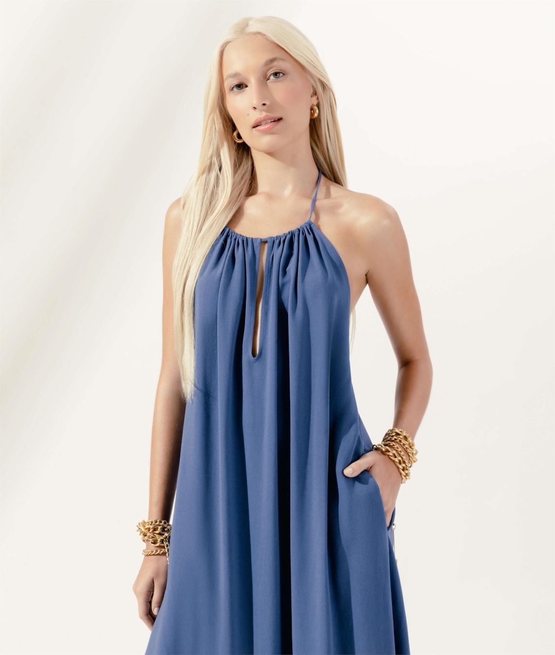 Vestido Frente Única Linen Blend Azul Seco