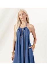 Vestido Frente Única Linen Blend Azul Seco