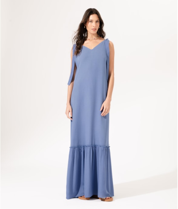 Vestido Longo Crepe Indiano Azul Claro