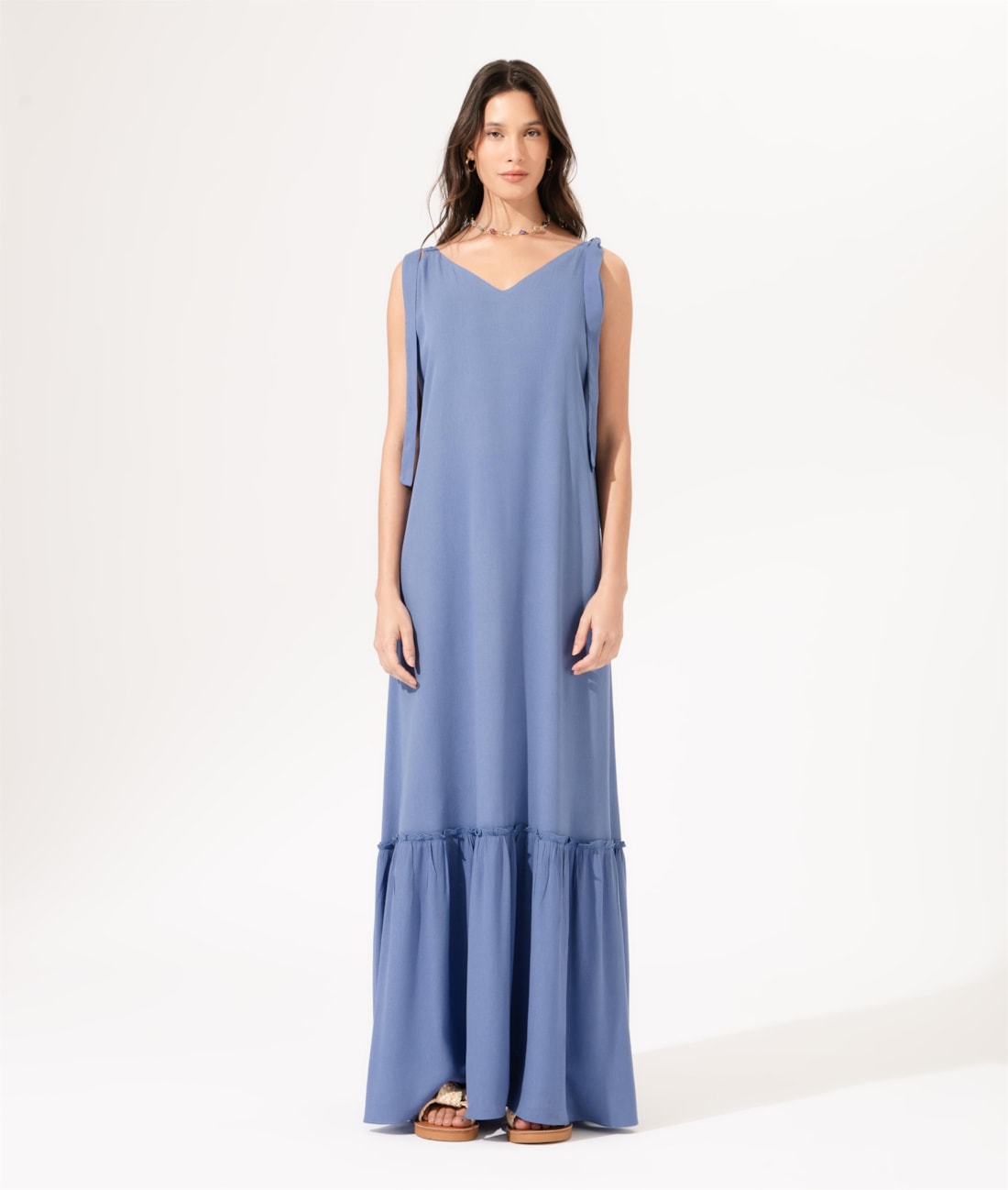 Vestido Longo Crepe Indiano Azul Claro
