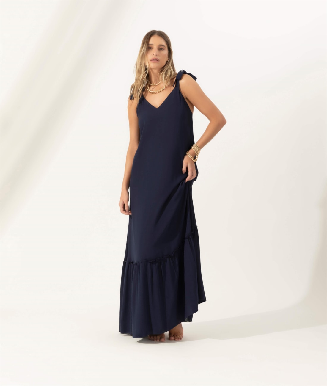 Vestido Longo Crepe Indiano Dark Navy
