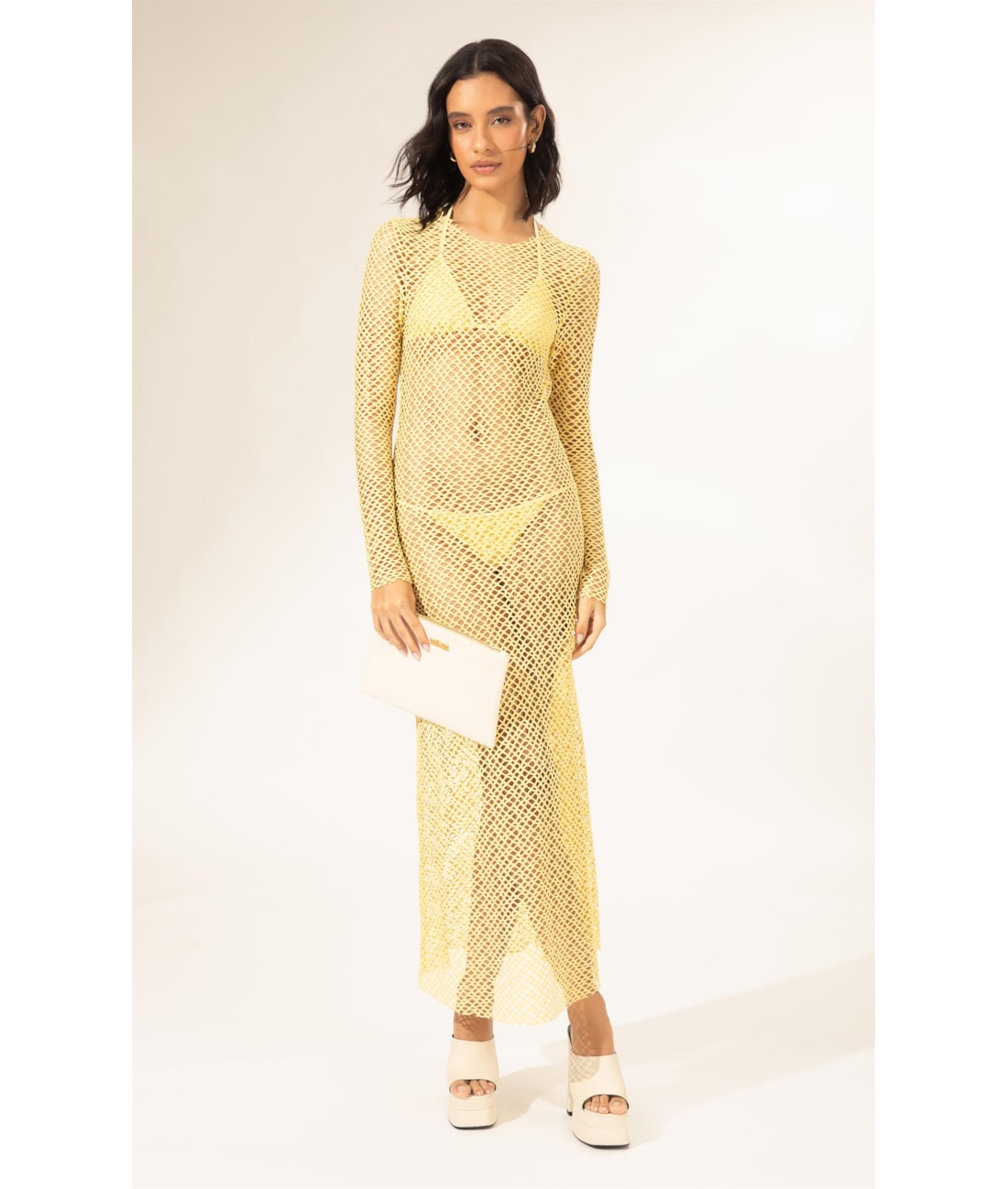 Vestido Longo Mesh Lurex Amarelo Claro