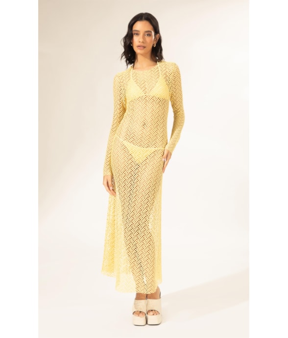 Vestido Longo Mesh Lurex Amarelo Claro