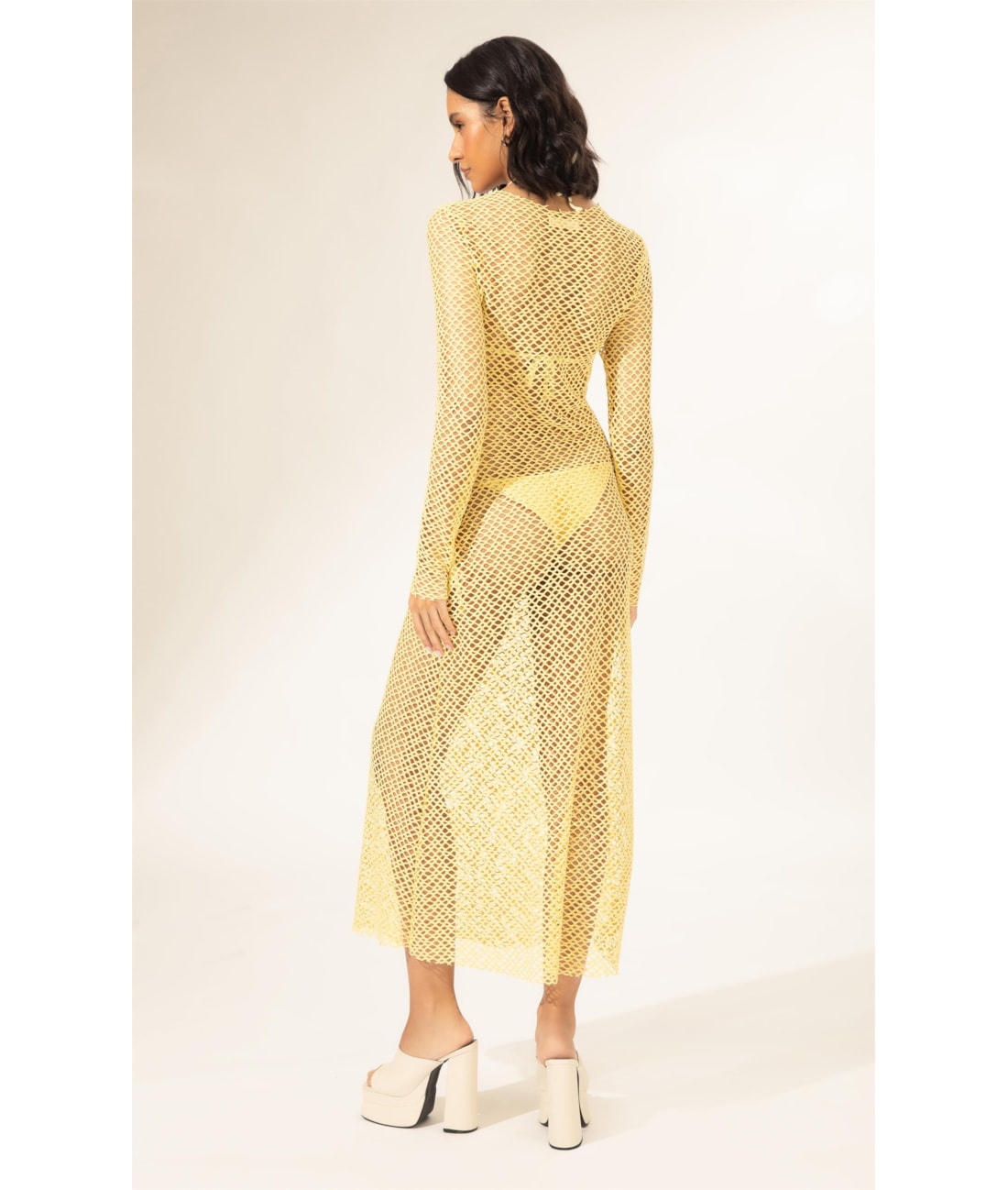 Vestido Longo Mesh Lurex Amarelo Claro