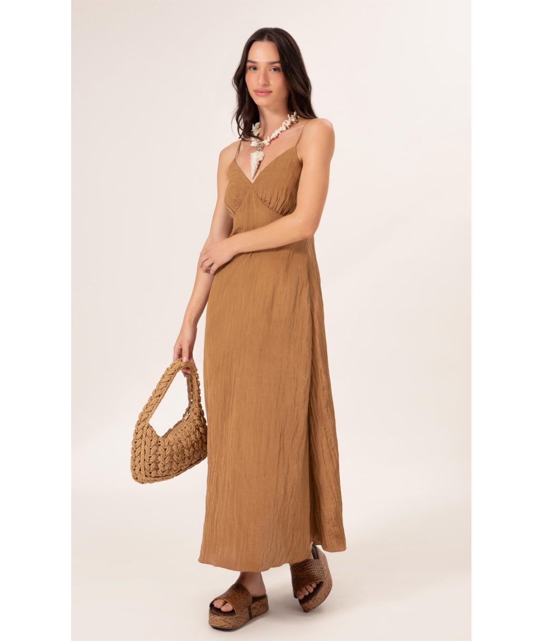 Vestido Longo Satin Waves Marrom
