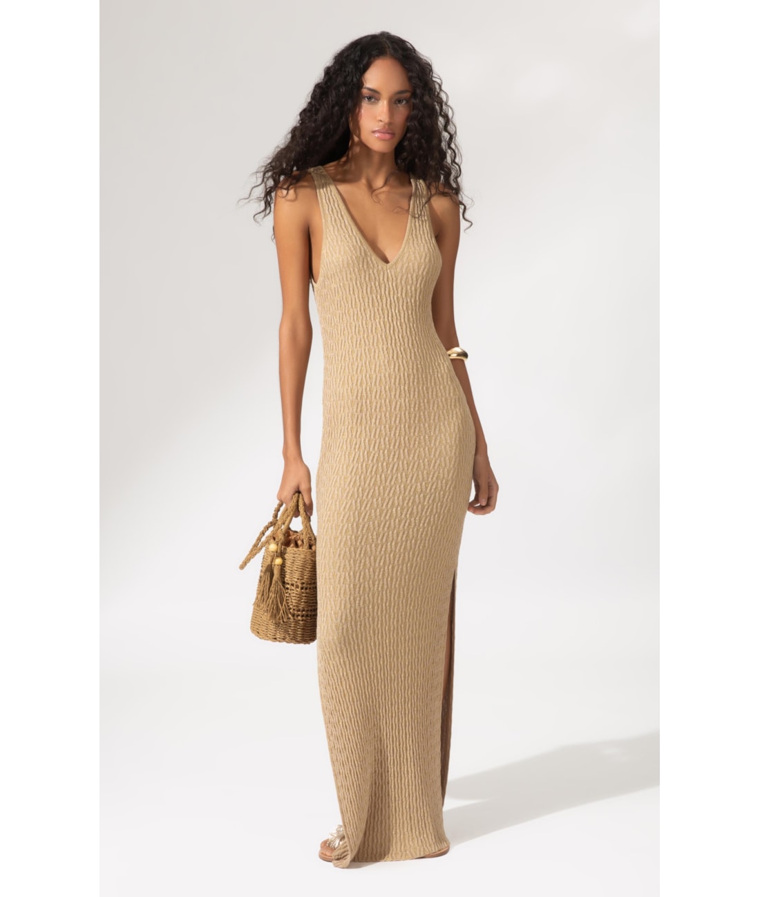 Vestido Longo Tricot Bel Air Dourado