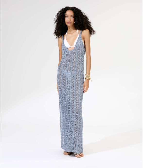 Vestido Longo Tricot Lurex Azul Bic