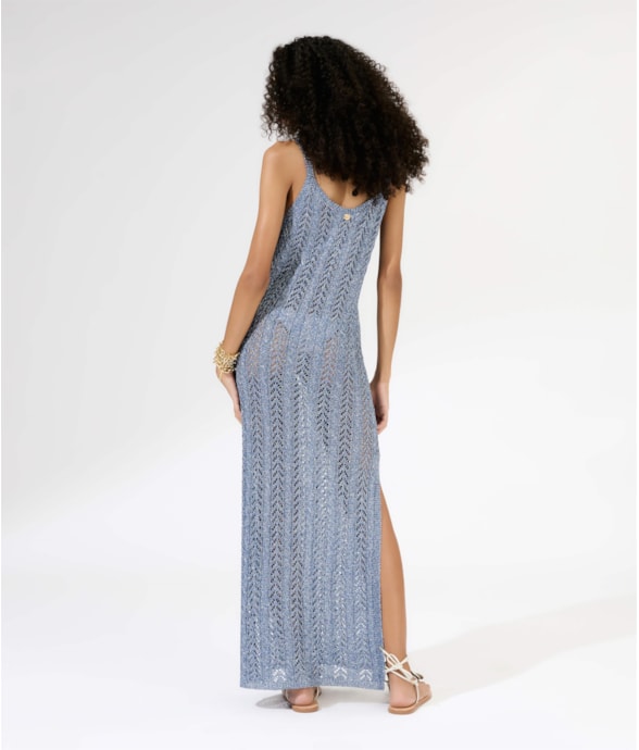 Vestido Longo Tricot Lurex Azul Bic