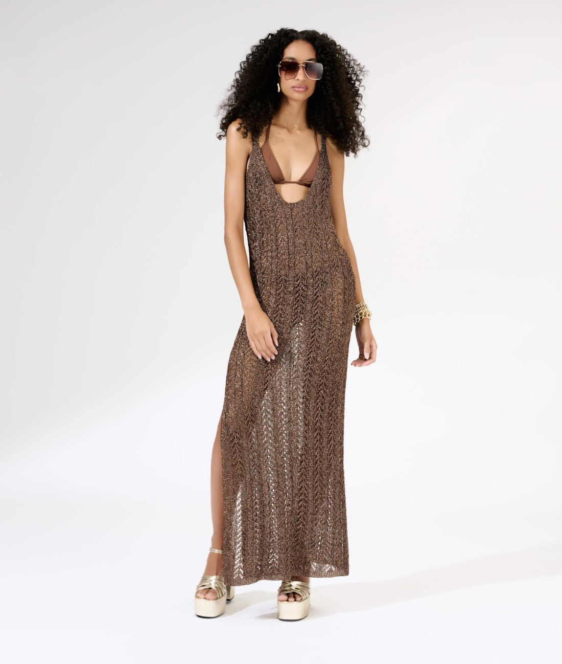 Vestido Longo Tricot Lurex Cafe