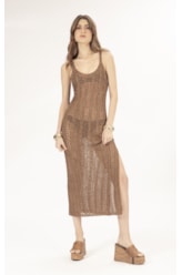 Vestido Longo Tricot Lurex Rendado Caramelo