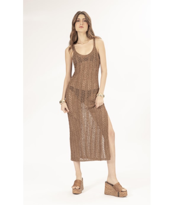 Vestido Longo Tricot Lurex Rendado Caramelo